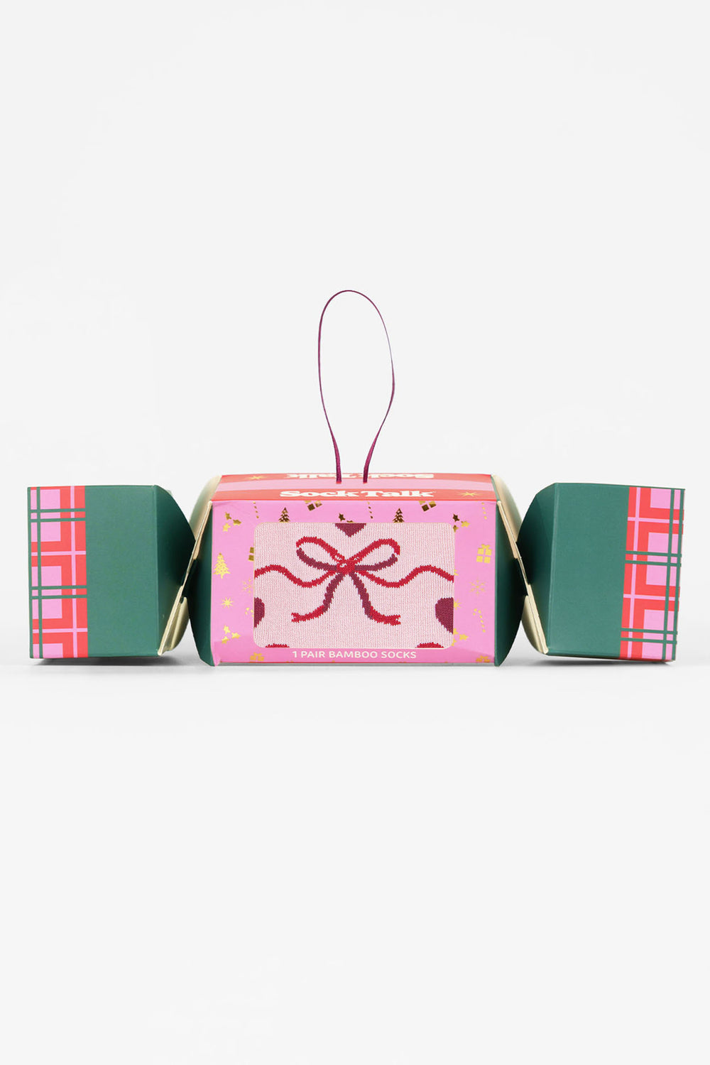 Ribbon-Bamboo-Crew-Socks-Christmas-Cracker-Gift-Box-in-Pink/Red