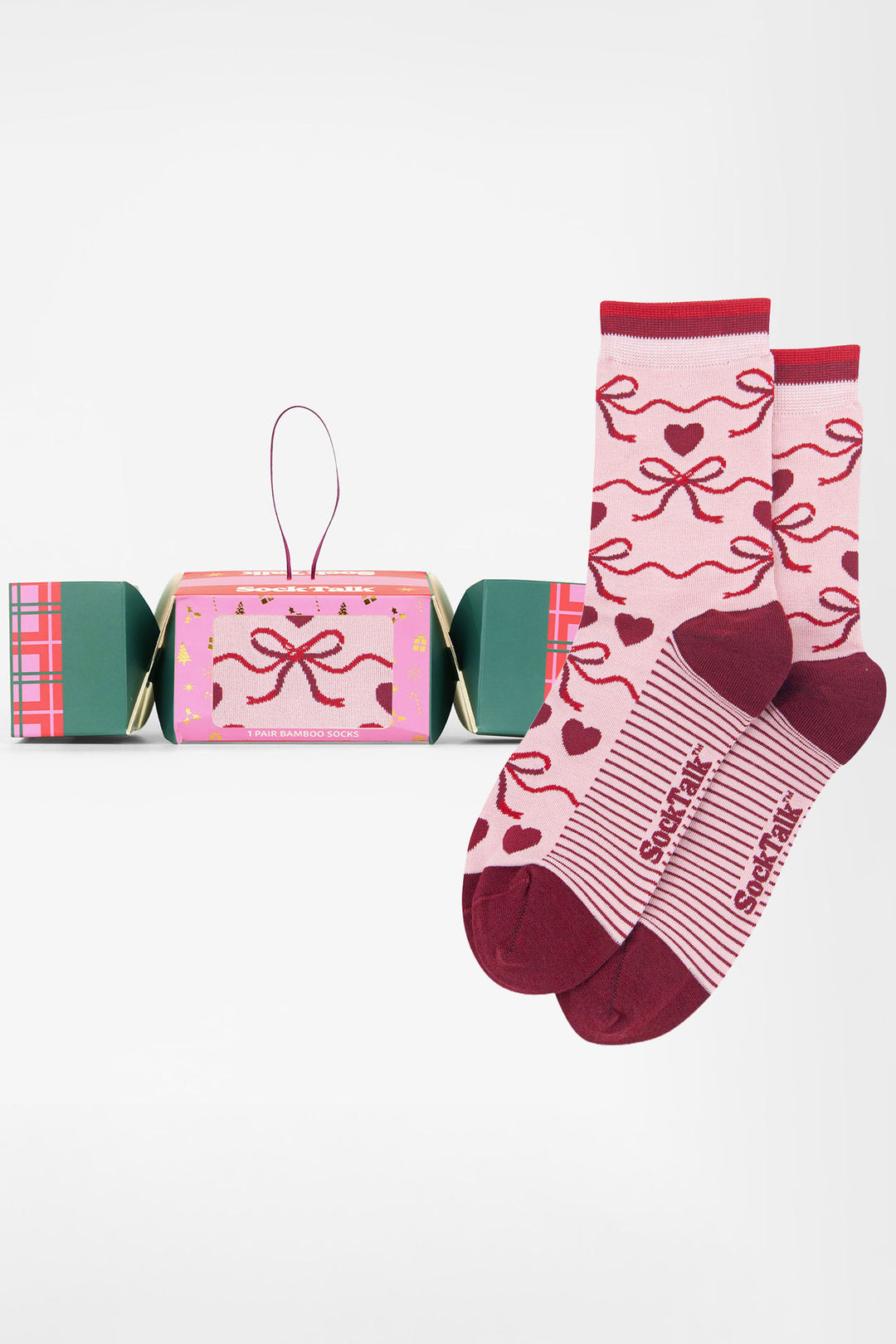 Ribbon-Bamboo-Crew-Socks-Christmas-Cracker-Gift-Box-in-Pink/Red