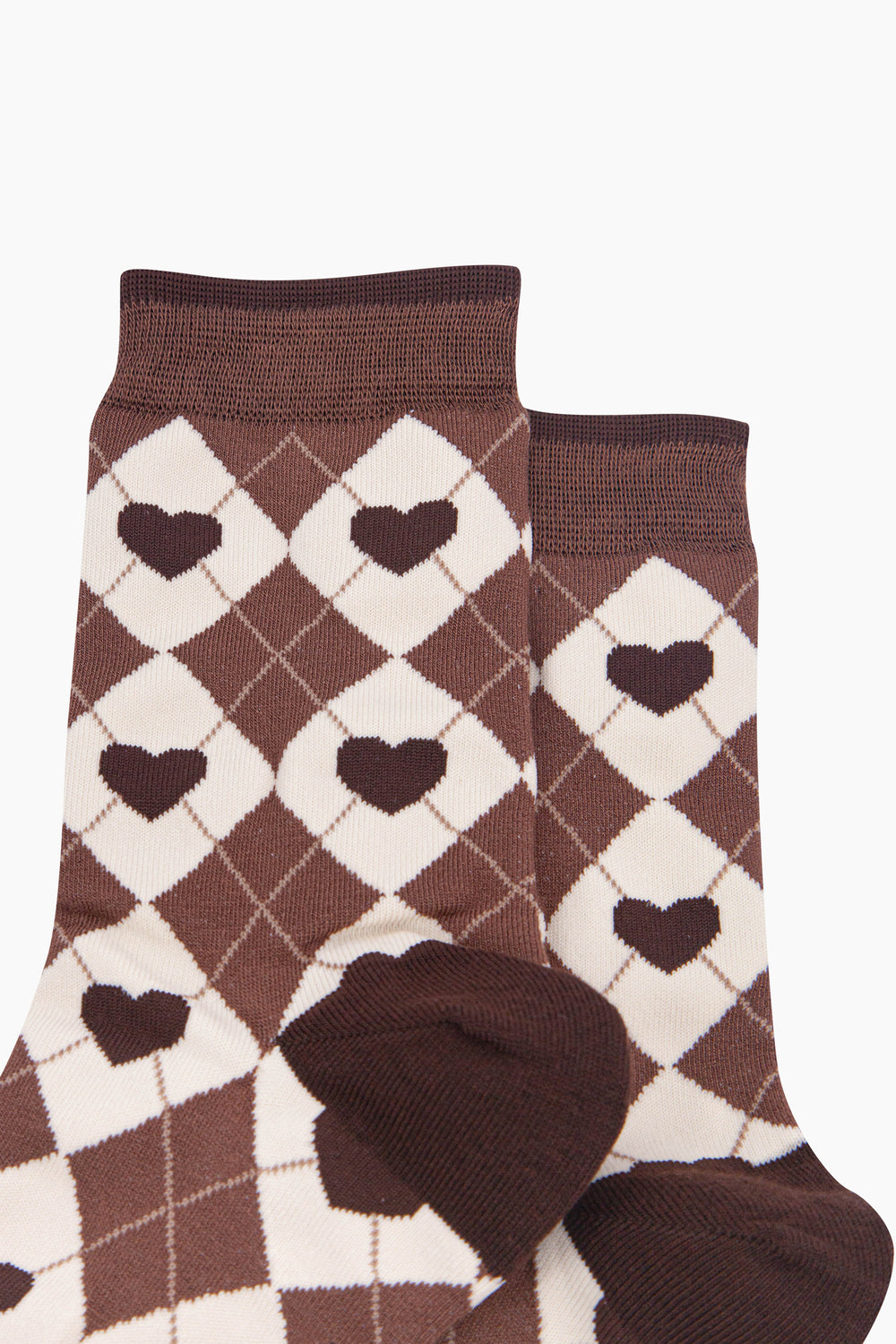 Heart-Argyle-Women's-Bamboo-Socks-in-Brown/Cream-Close-Up