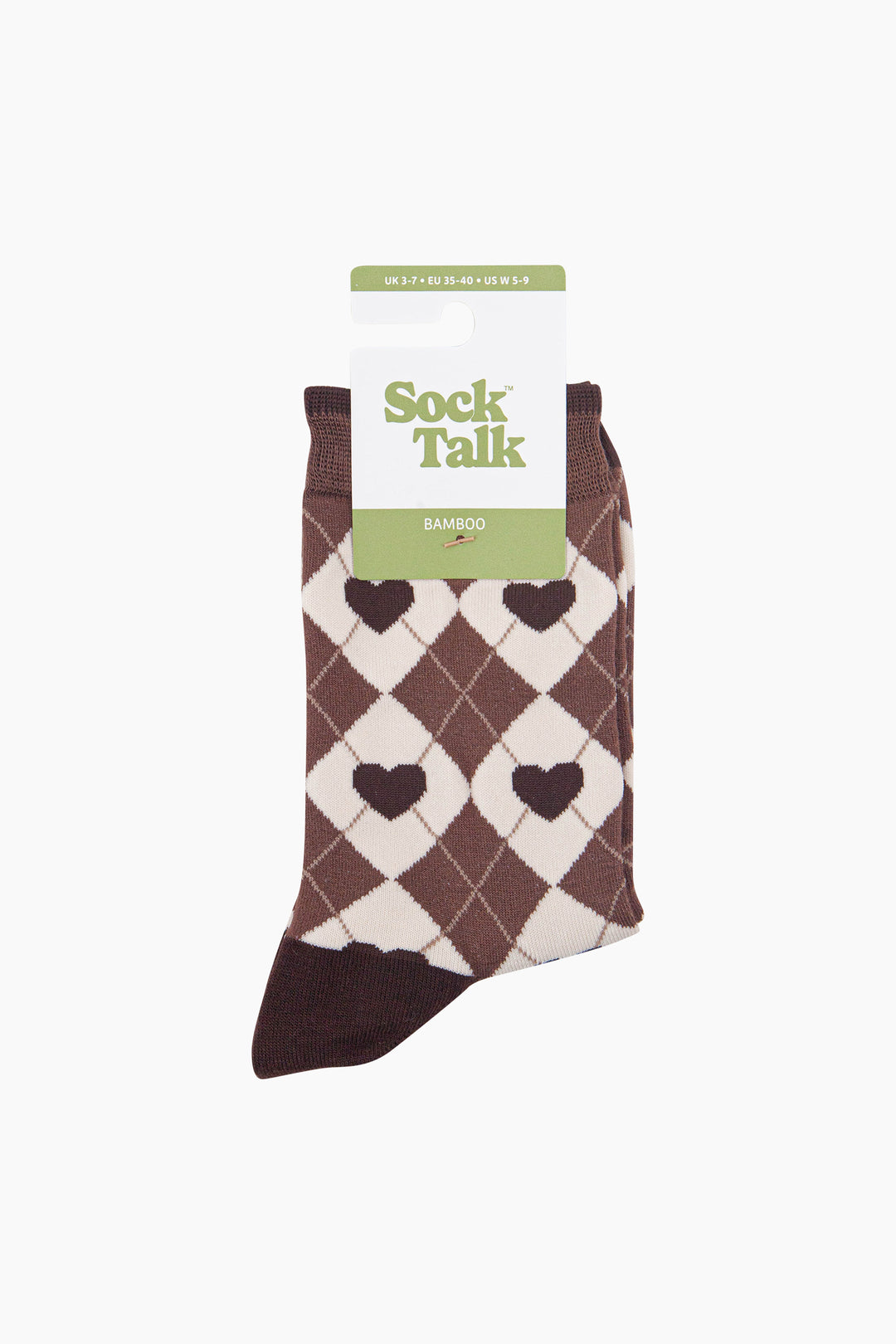 Heart-Argyle-Women's-Bamboo-Socks-in-Brown/Cream-In-Packaging