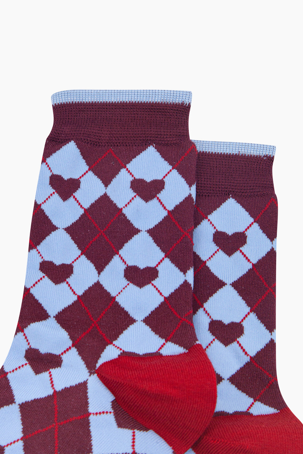 Heart-Argyle-Women's-Bamboo-Socks-in-Burgundy/Blue-Close-Up
