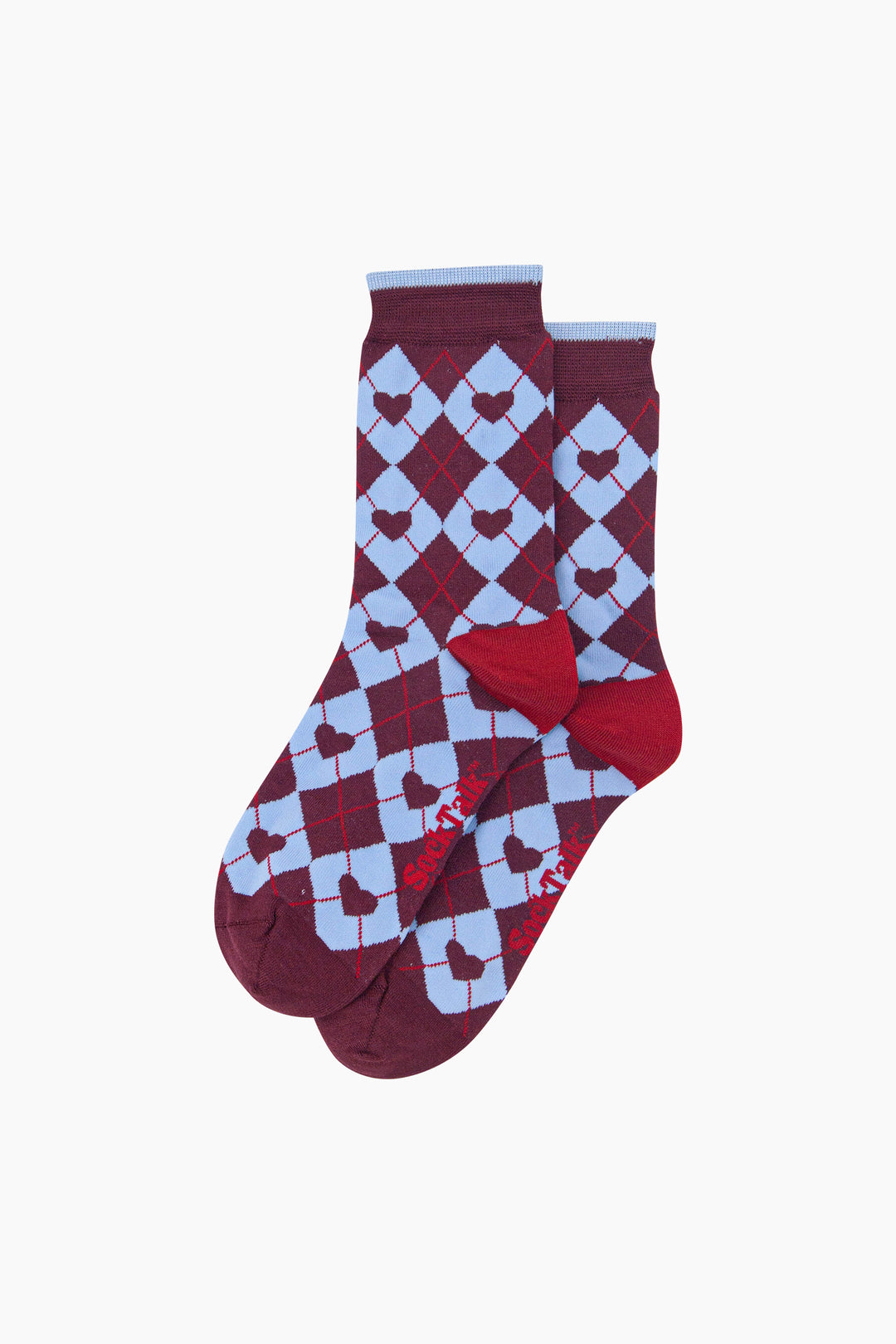 Heart-Argyle-Women's-Bamboo-Socks-in-Burgundy/Blue-Laid-Flat
