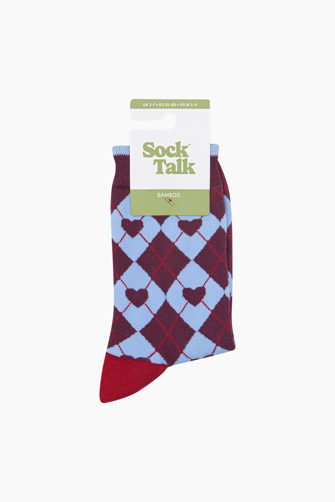 Heart-Argyle-Women's-Bamboo-Socks-in-Burgundy/Blue-In-Packaging