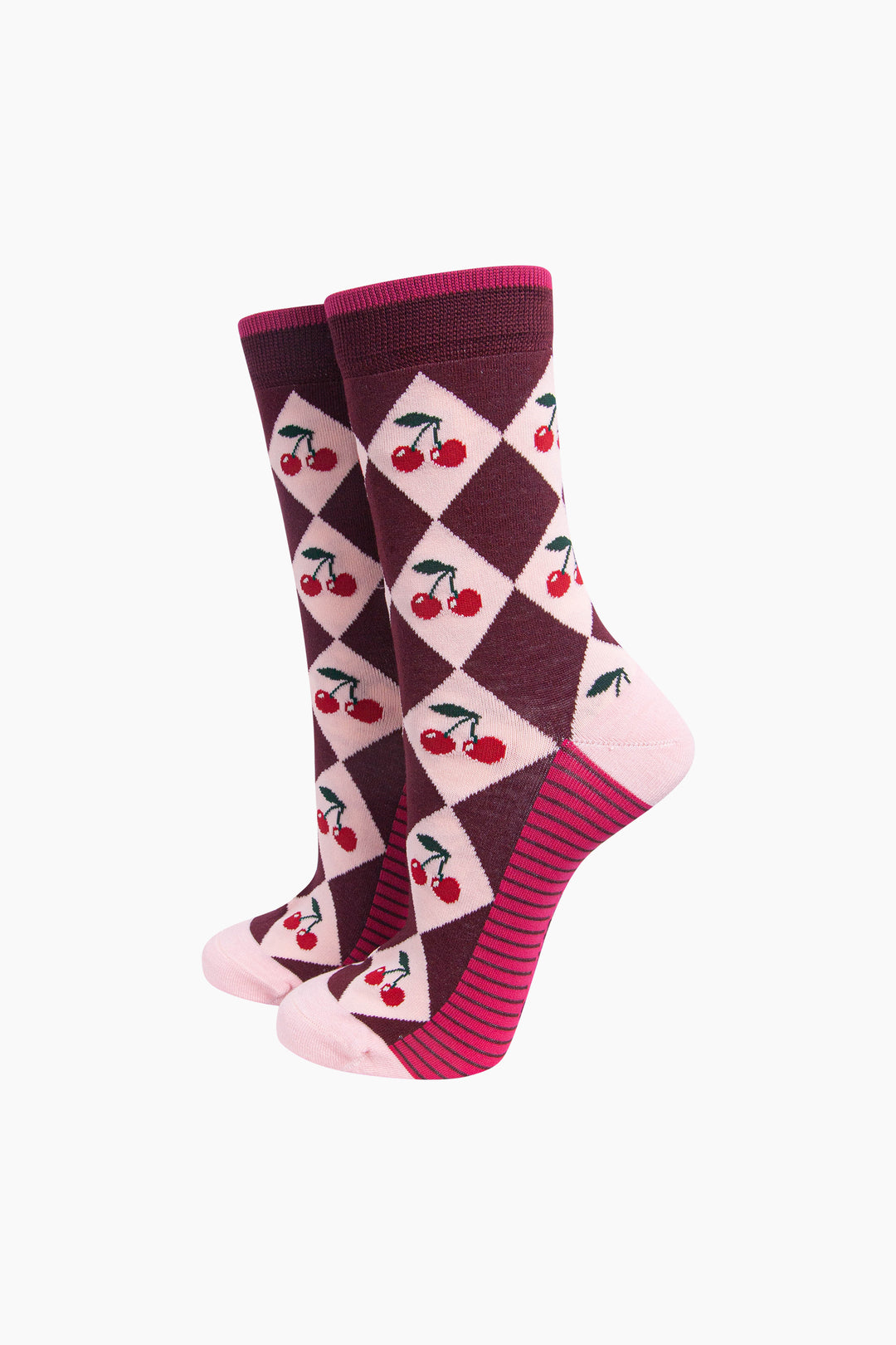 Cherry Argyle Women's Bamboo Socks in Burgundy/Pink