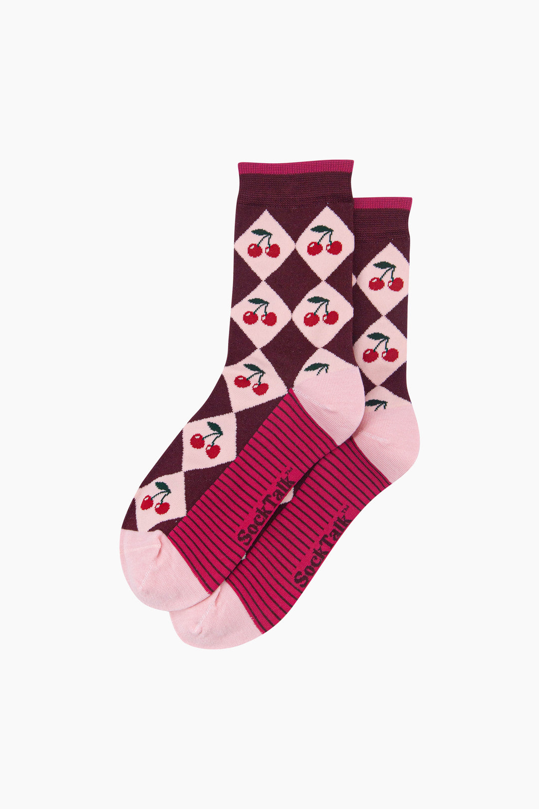 Cherry-Argyle-Women's-Bamboo-Socks-in-Burgundy/Pink-Laid-Flat
