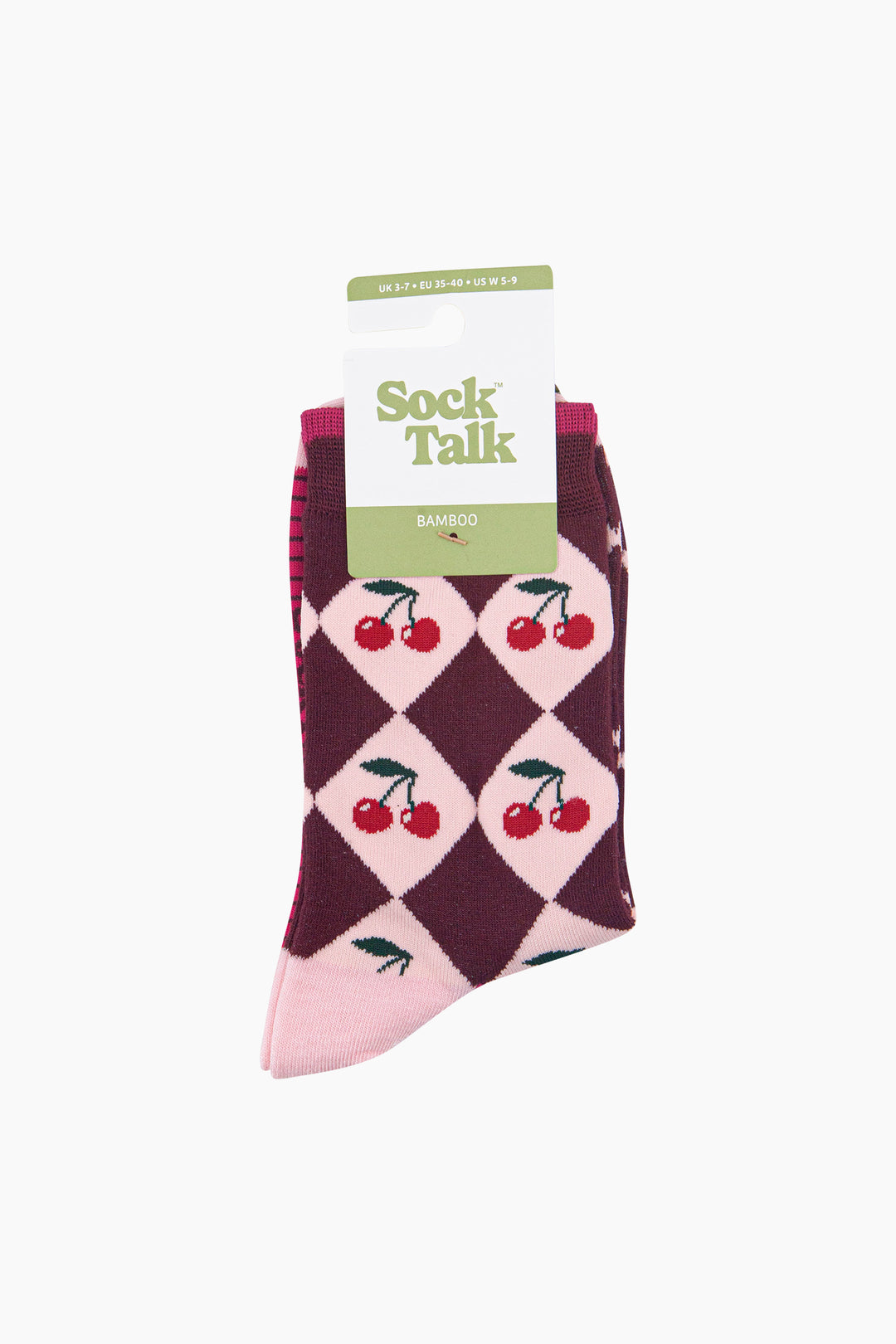 Cherry-Argyle-Women's-Bamboo-Socks-in-Burgundy/Pink-In-Packaging