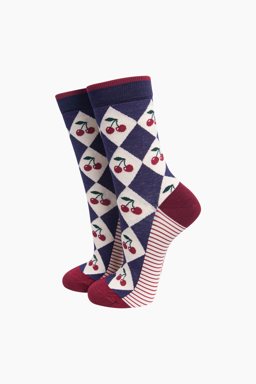 Cherry-Argyle-Women's-Bamboo-Socks-in-Navy-Blue/Cream-On-Mannequin