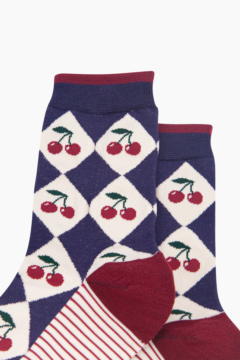 Cherry-Argyle-Women's-Bamboo-Socks-in-Navy-Blue/Cream-Close-Up