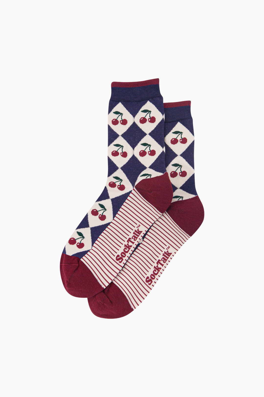 Cherry-Argyle-Women's-Bamboo-Socks-in-Navy-Blue/Cream-Laid-Flat