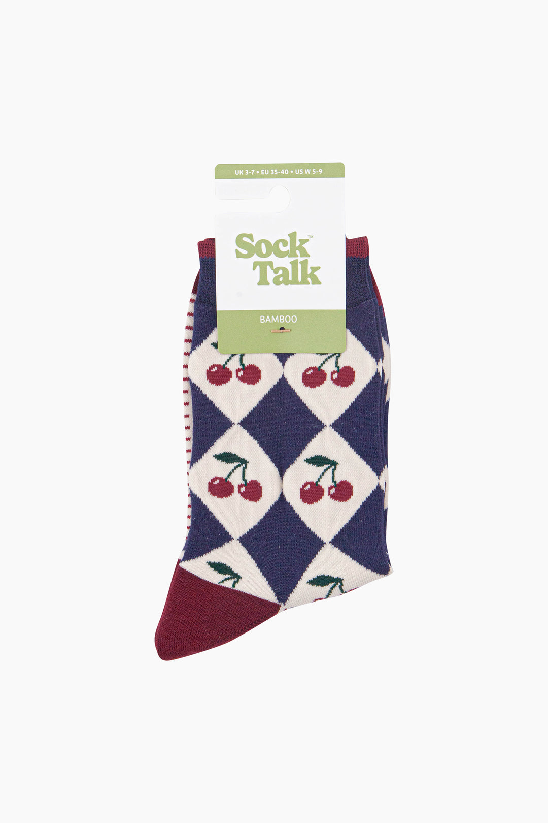 Cherry-Argyle-Women's-Bamboo-Socks-in-Navy-Blue/Cream-In-Packaging