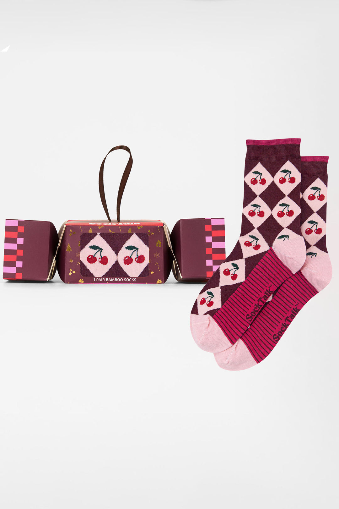 Argyle-Cherry-Bamboo-Crew-Socks-Christmas-Cracker-Gift-Box-in-Berry