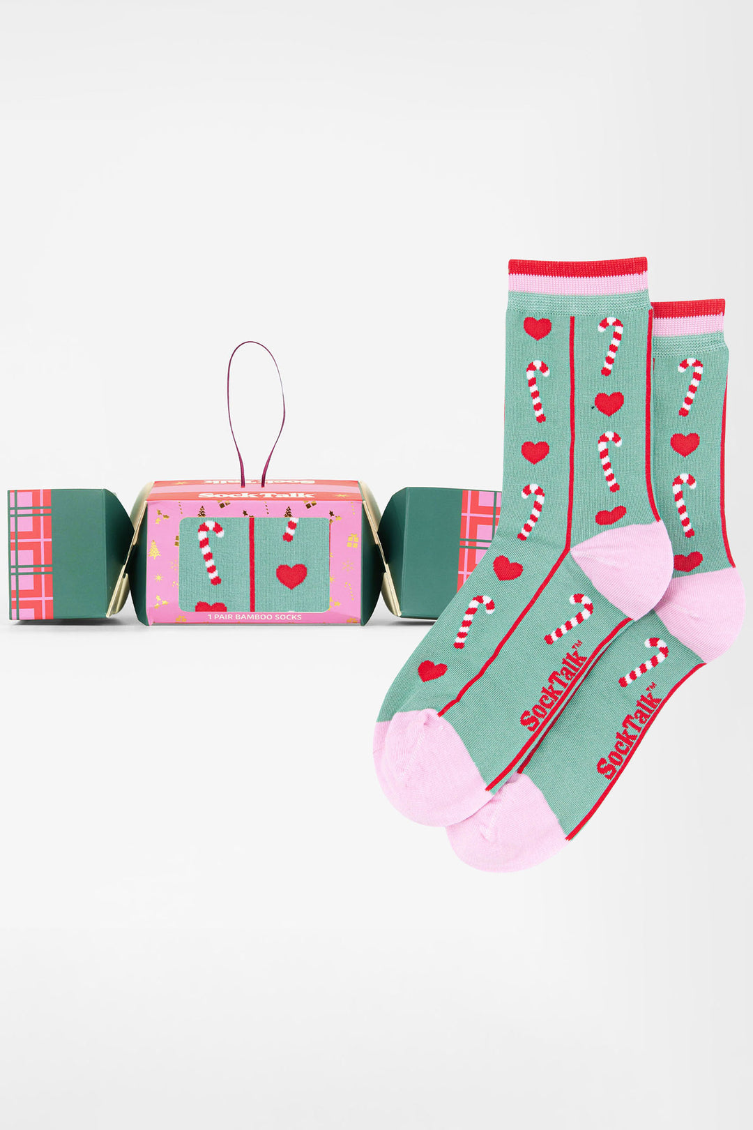 Candy-Cane-Bamboo-Crew-Socks-Christmas-Cracker-Gift-Box-in-Sage-Green