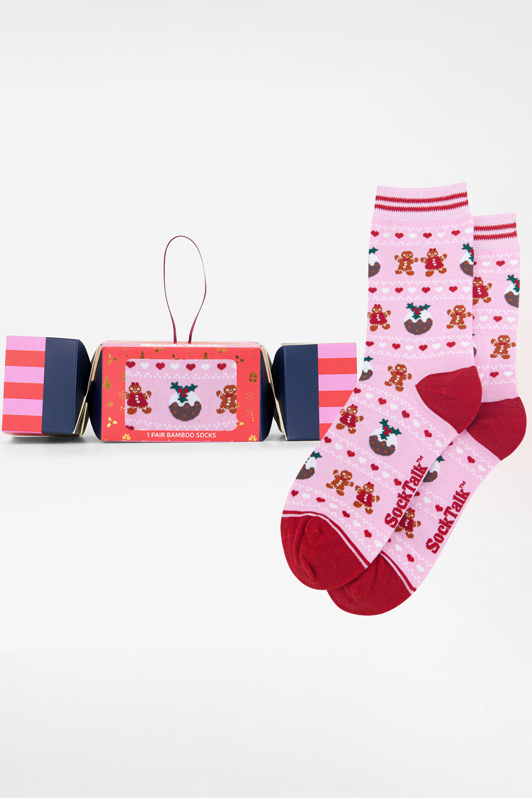 Christmas-Pudding-&-Gingerbread-Men-Fair-Isle-Bamboo-Crew-Socks-Christmas-Cracker-Gift-Box-in-Pink