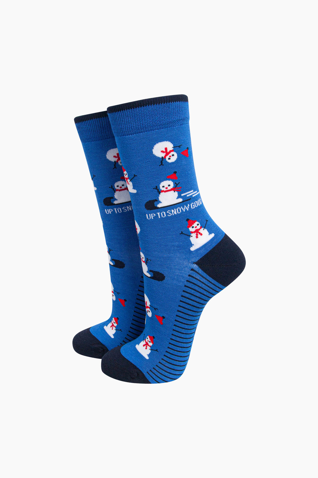 Up-To-Snow-Good-Snowman-Women's-Bamboo-Socks-in-Blue-On-Mannequin