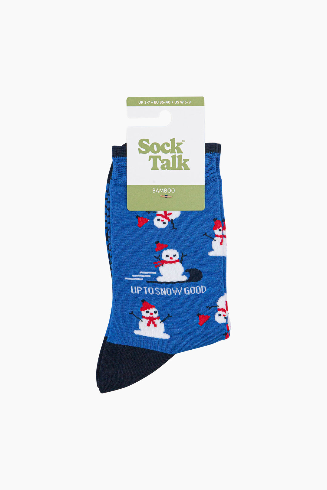 Up-To-Snow-Good-Snowman-Women's-Bamboo-Socks-in-Blue-In-Packaging
