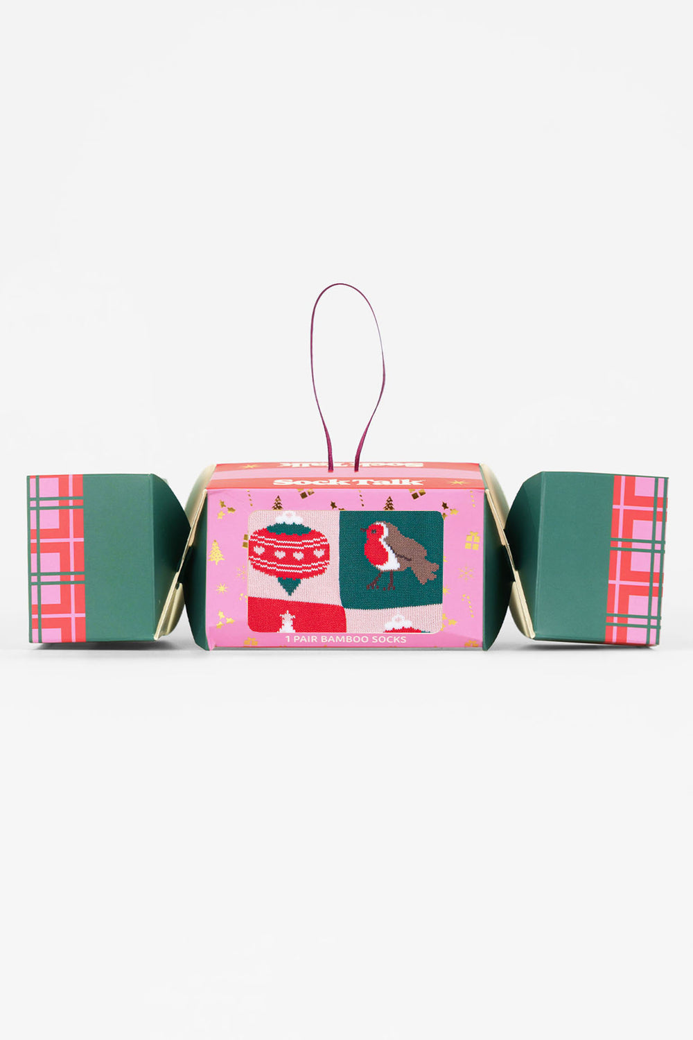 Christmas-Tree-Squares-Bamboo-Crew-Socks-Christmas-Cracker-Gift-Box-in-Pink