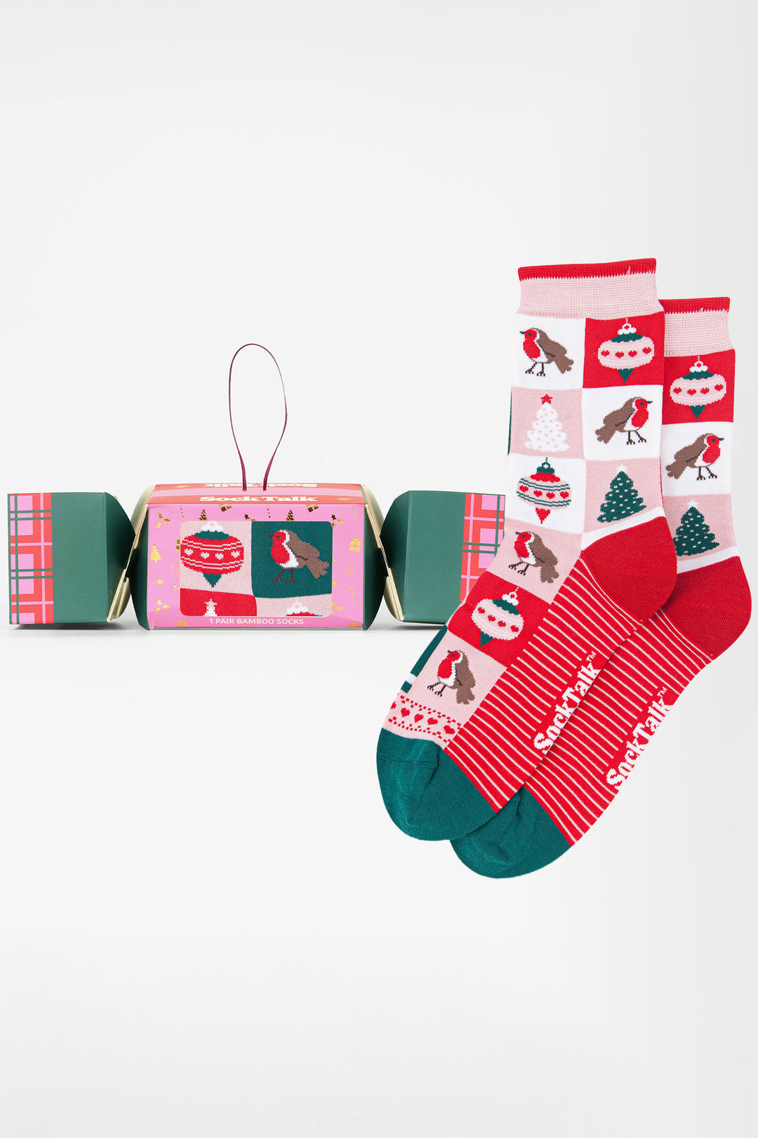 Christmas-Tree-Squares-Bamboo-Crew-Socks-Christmas-Cracker-Gift-Box-in-Pink