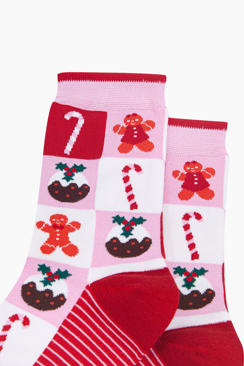 Christmas-Treat-Squares-Women's-Bamboo-Socks-in-Pink/Red-Close-Up