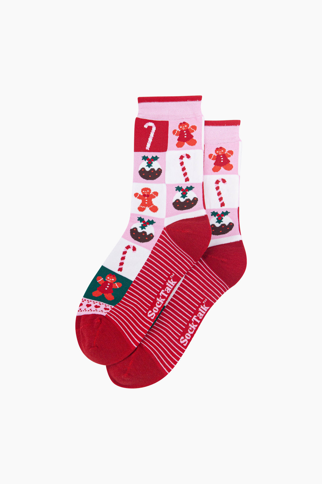 Christmas-Treat-Squares-Women's-Bamboo-Socks-in-Pink/Red-Laid-Flat