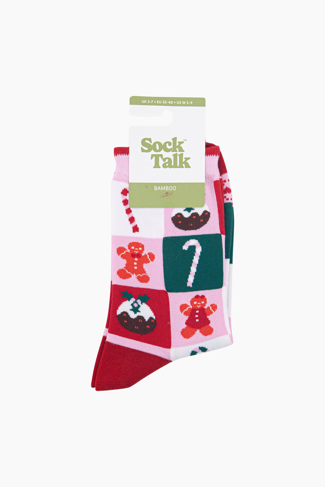 Christmas-Treat-Squares-Women's-Bamboo-Socks-in-Pink/Red-In-Packaging