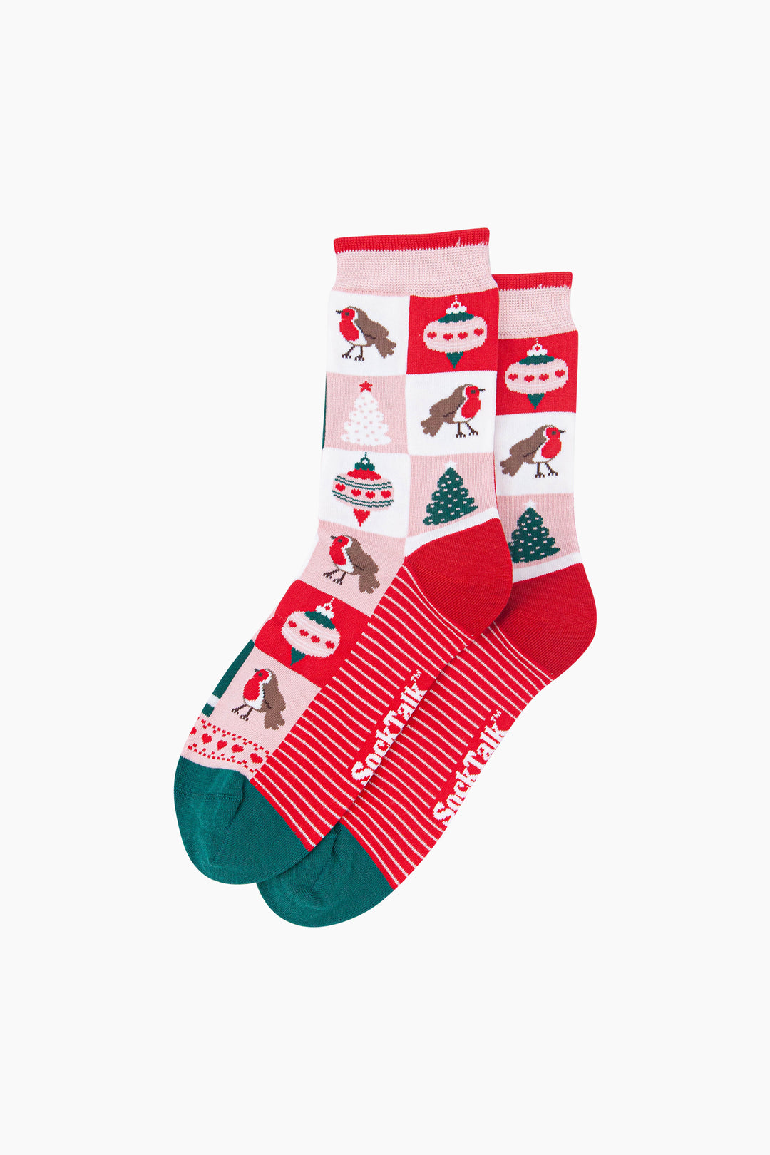 Christmas-Tree-Squares-Women's-Bamboo-Socks-in-Soft-Pink/Red-Laid-Flat