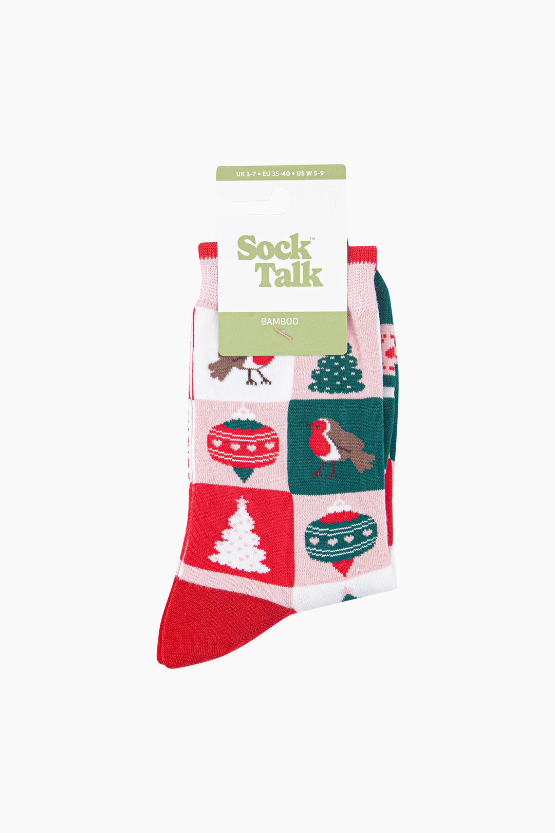 Christmas-Tree-Squares-Women's-Bamboo-Socks-in-Soft-Pink/Red-In-Packaging