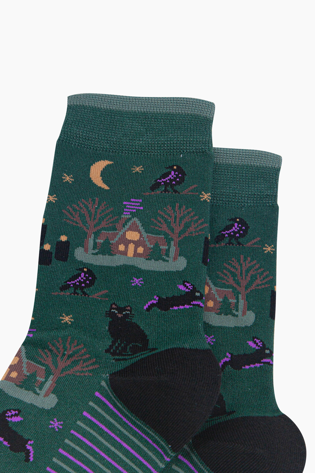 Witchy-Cabin-Women's-Bamboo-Socks-in-Forest-Green-Close-Up