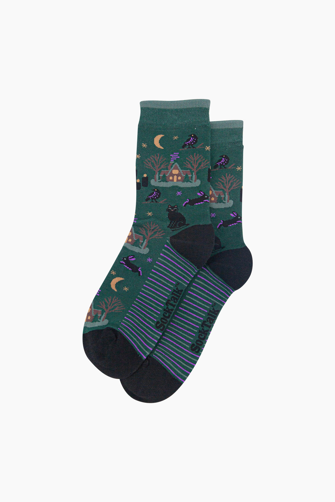 Witchy-Cabin-Women's-Bamboo-Socks-in-Forest-Green-Laid-Flat
