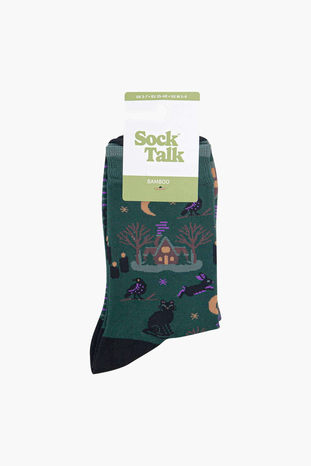 Witchy-Cabin-Women's-Bamboo-Socks-in-Forest-Green-In-Packaging