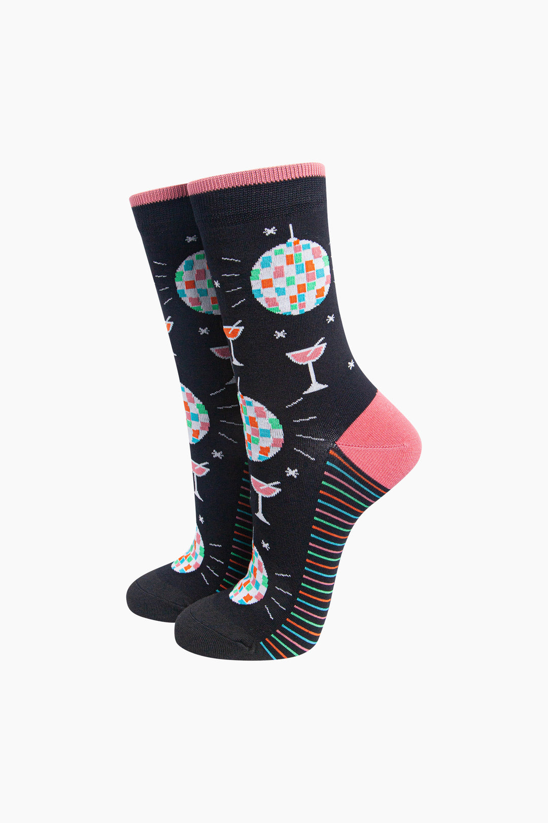 Retro-Discoball-&-Cocktail-Women's-Bamboo-Socks-in-Black-On-Mannequin