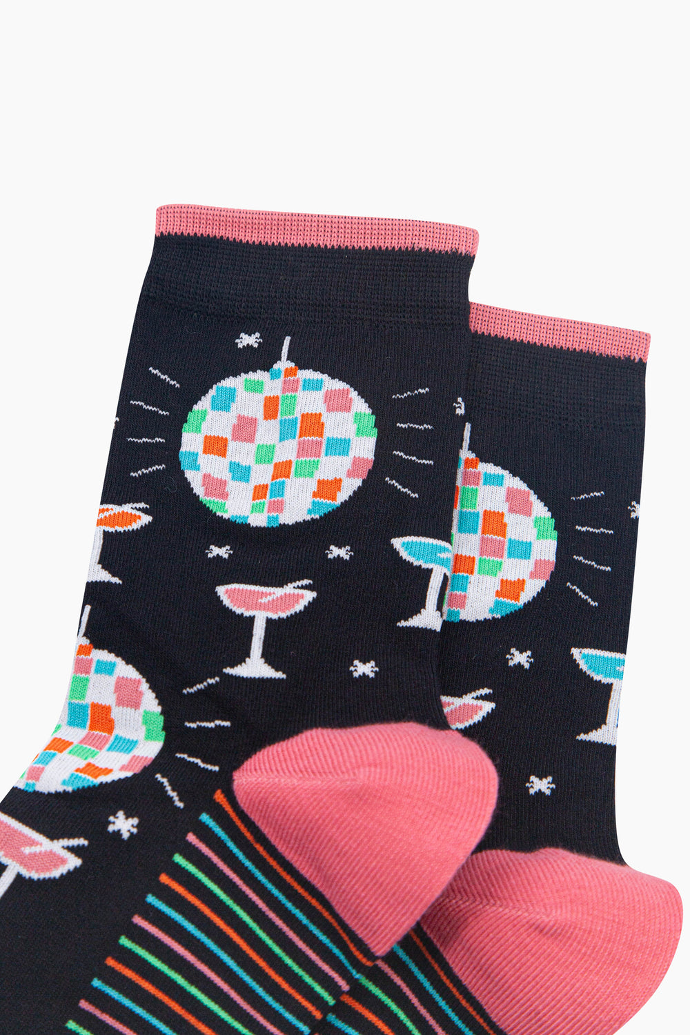 Retro-Discoball-&-Cocktail-Women's-Bamboo-Socks-in-Black-Close-Up