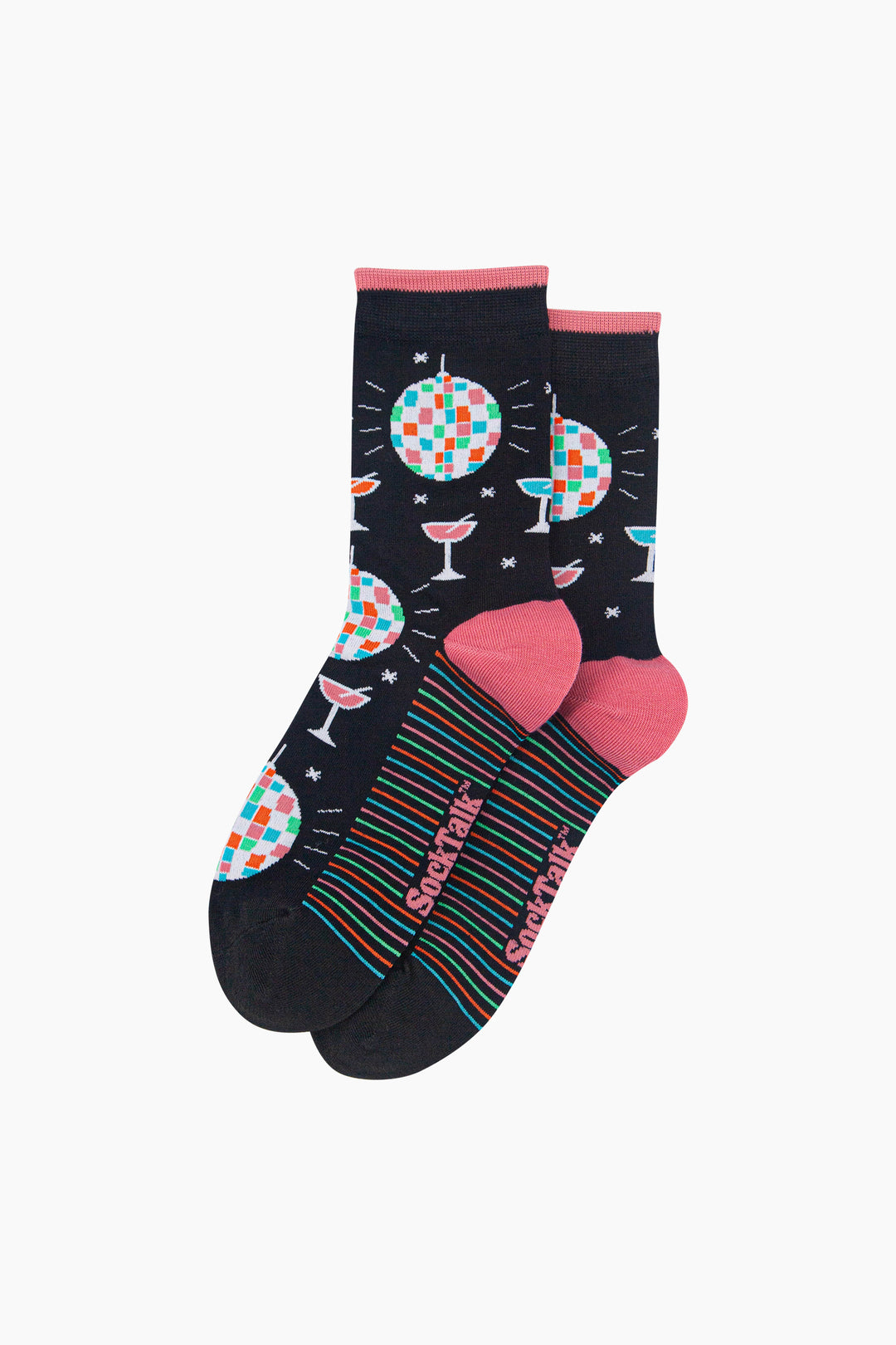 Retro-Discoball-&-Cocktail-Women's-Bamboo-Socks-in-Black-Laid-Flat