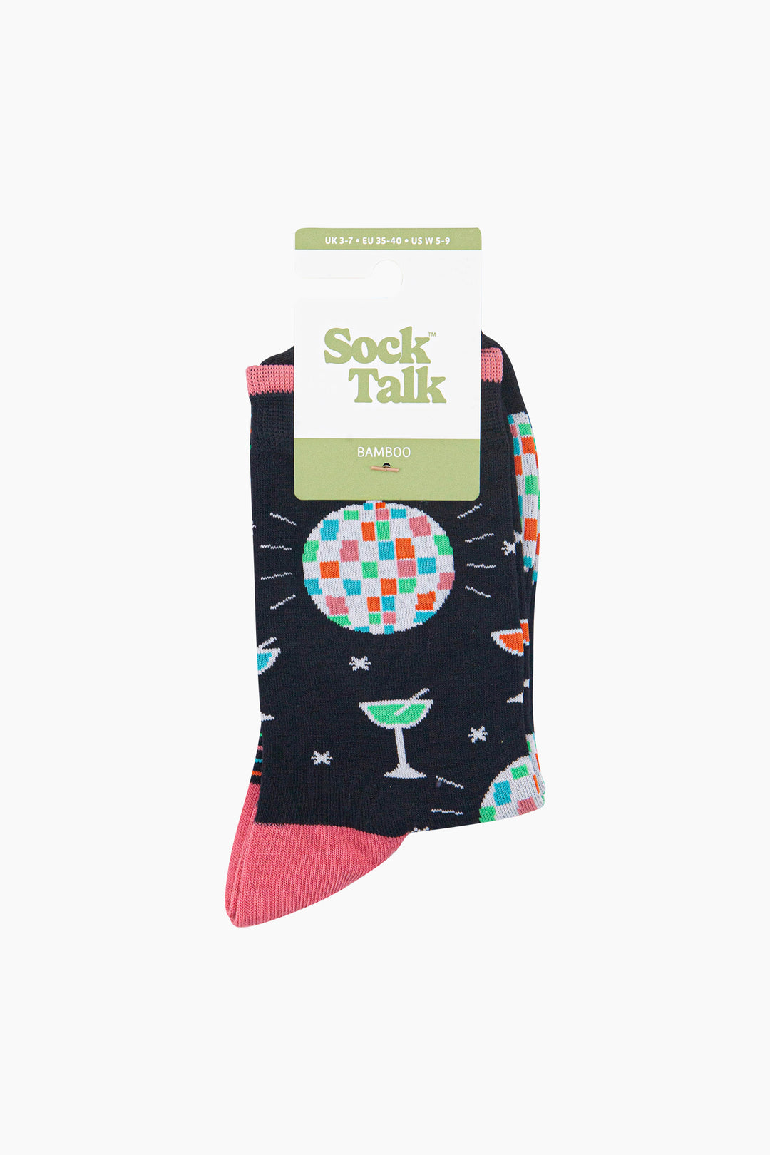 Retro-Discoball-&-Cocktail-Women's-Bamboo-Socks-in-Black-In-Packaging