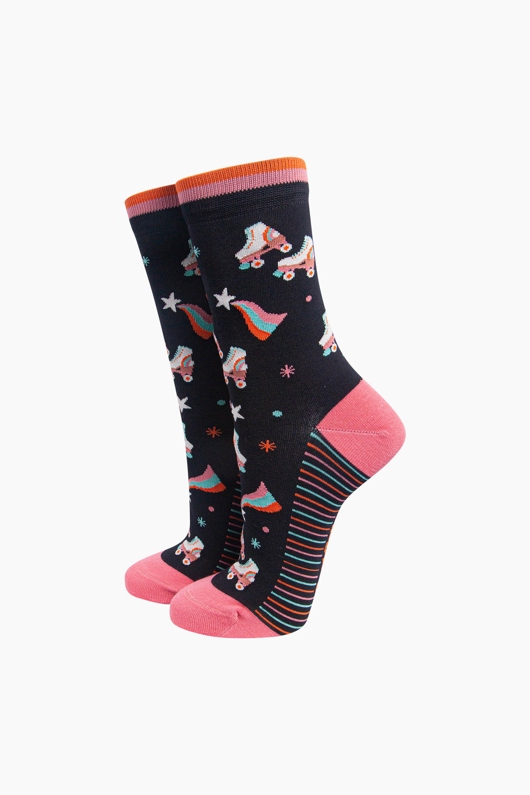 Retro-Rollerskates-Women's-Bamboo-Socks-in-Black-On-Mannequin