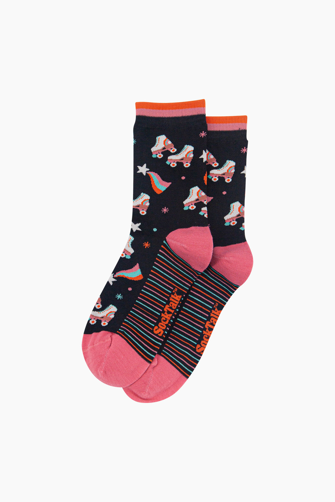 Retro-Rollerskates-Women's-Bamboo-Socks-in-Black-Laid-Flat