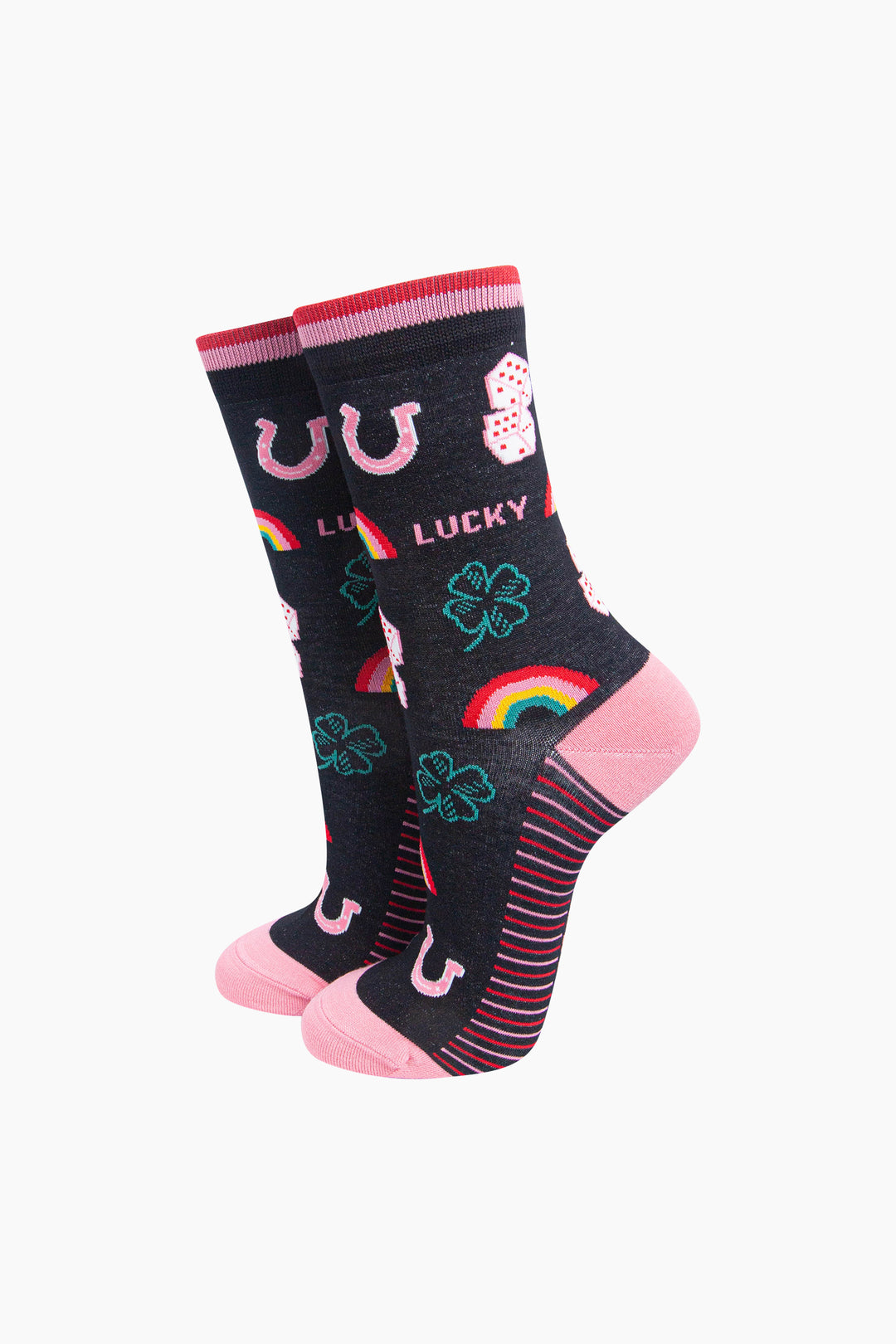 Lucky-Symbols-Women's-Bamboo-Socks-in-Black-On-Mannequin