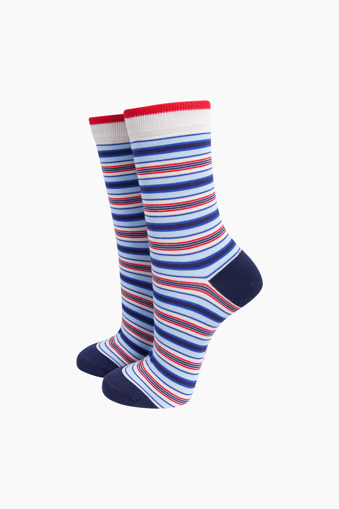 Stripey-Women's-Bamboo-Socks-in-Cream/Blue-On-Mannequin
