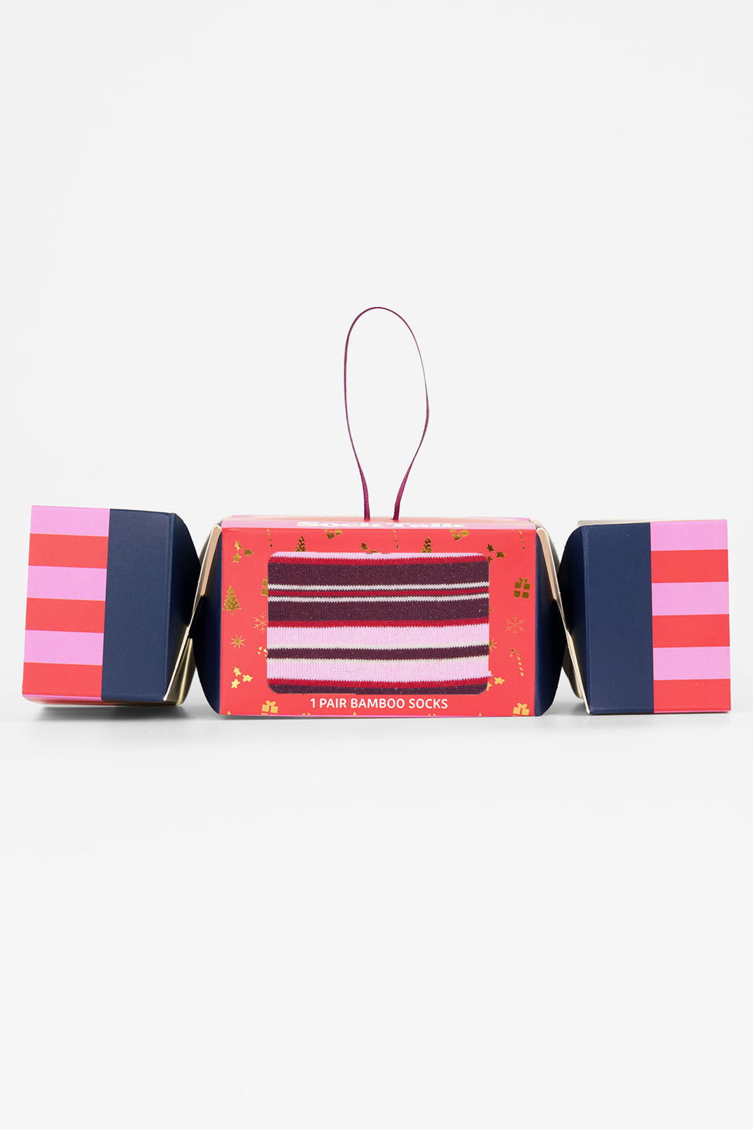 Stripe-Bamboo-Crew-Socks-Christmas-Cracker-Gift-Box-in-Berry