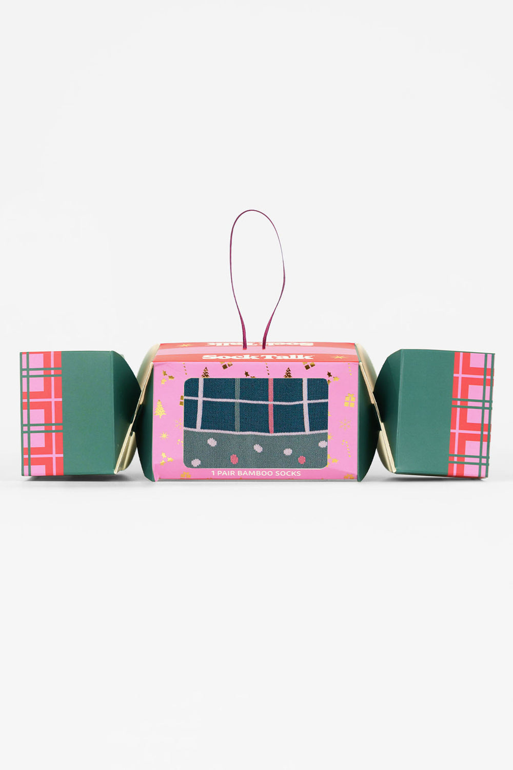 Checkered-Bamboo-Crew-Socks-Christmas-Cracker-Gift-Box-in-Green/Pink