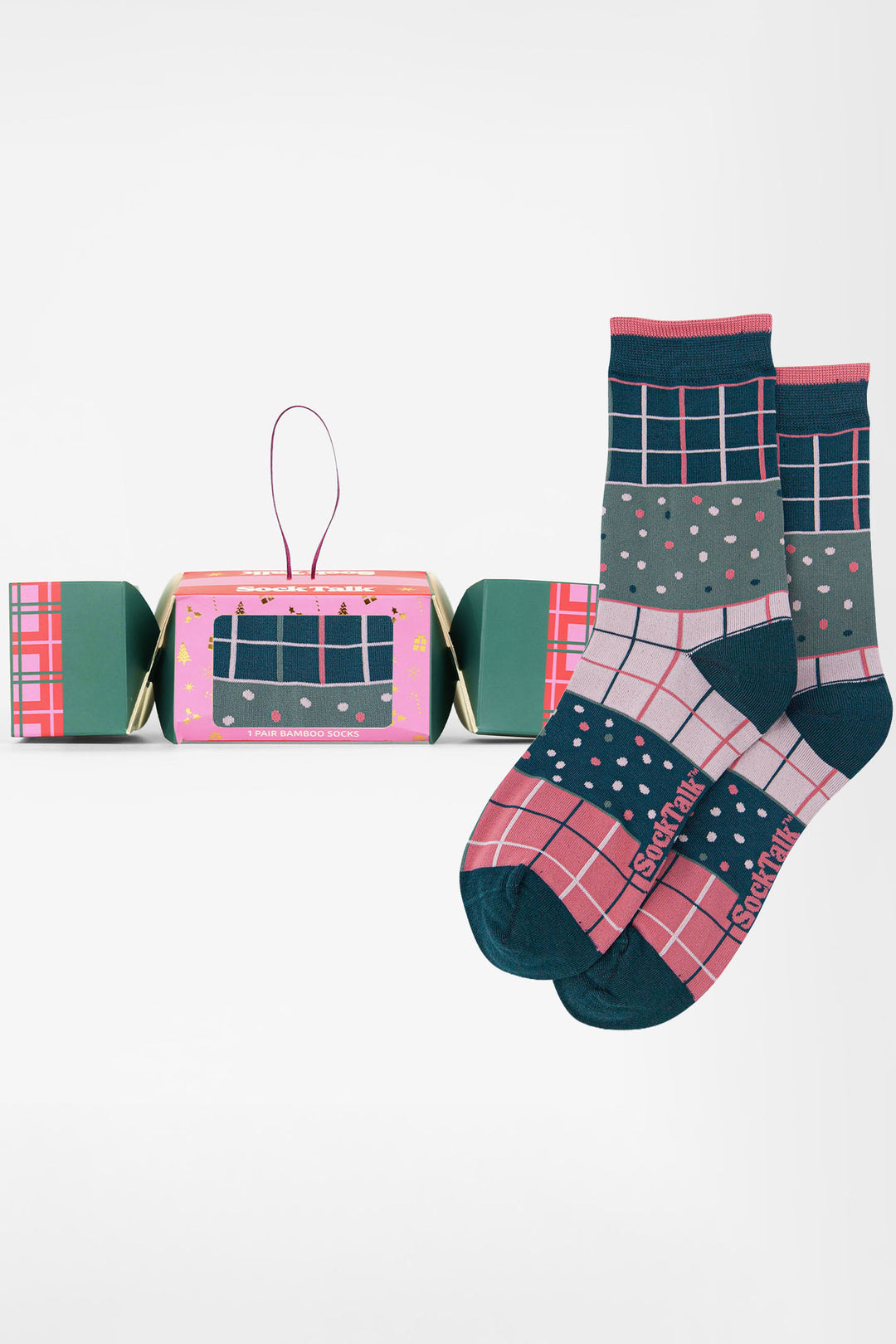 Checkered-Bamboo-Crew-Socks-Christmas-Cracker-Gift-Box-in-Green/Pink
