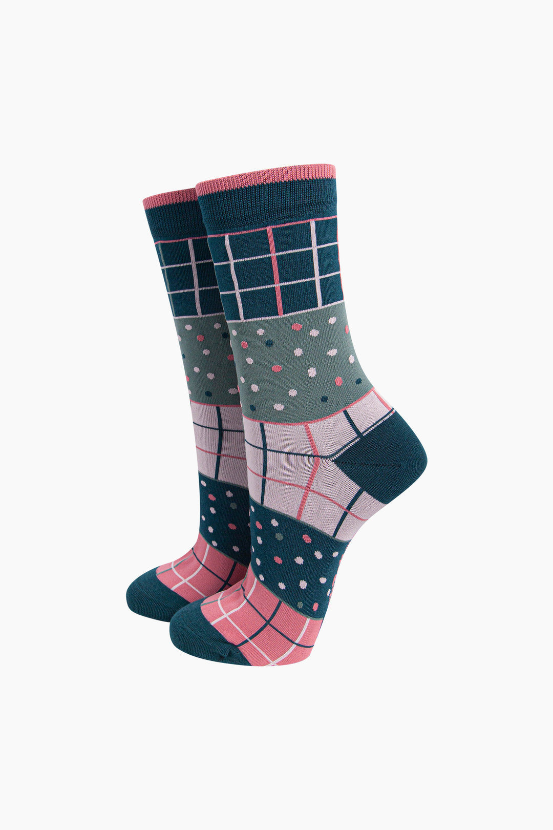 Check & Spots Women's Bamboo Socks in Green/Pink