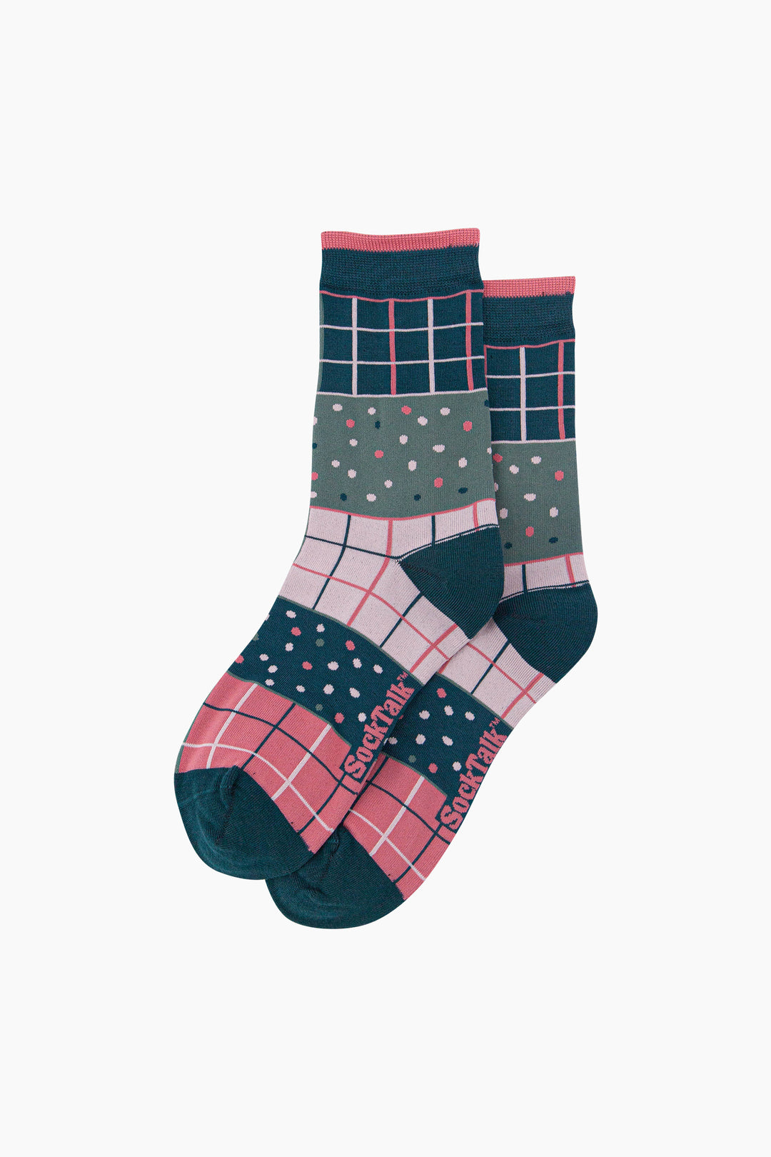 Check-&-Spots-Women's-Bamboo-Socks-in-Green/Pink-Laid-Flat