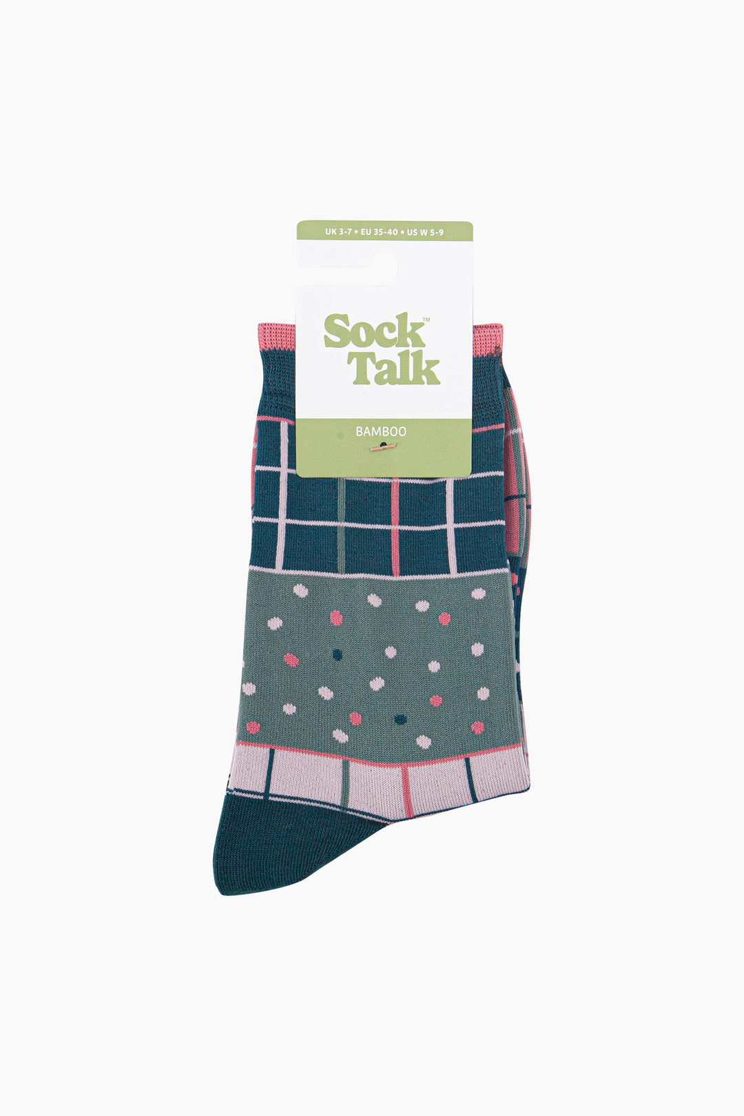 Check-&-Spots-Women's-Bamboo-Socks-in-Green/Pink-In-Packaging