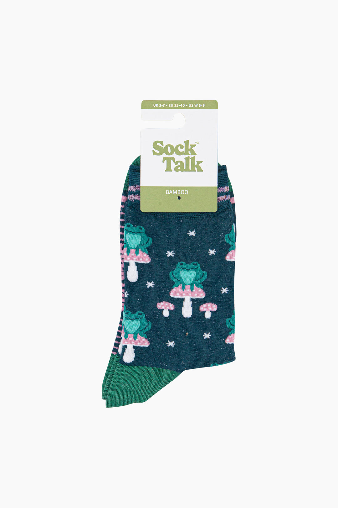 Frog-&-Toadstool-Women's-Bamboo-Socks-in-Forest-Green-In-Packaging
