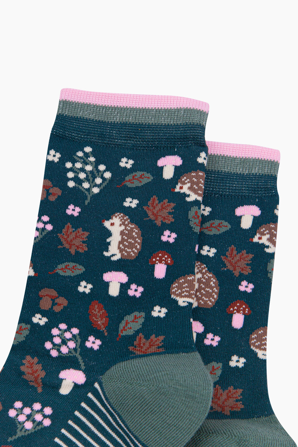 Hedgehog-Women's-Bamboo-Socks-in-Forest-Green-Close-Up
