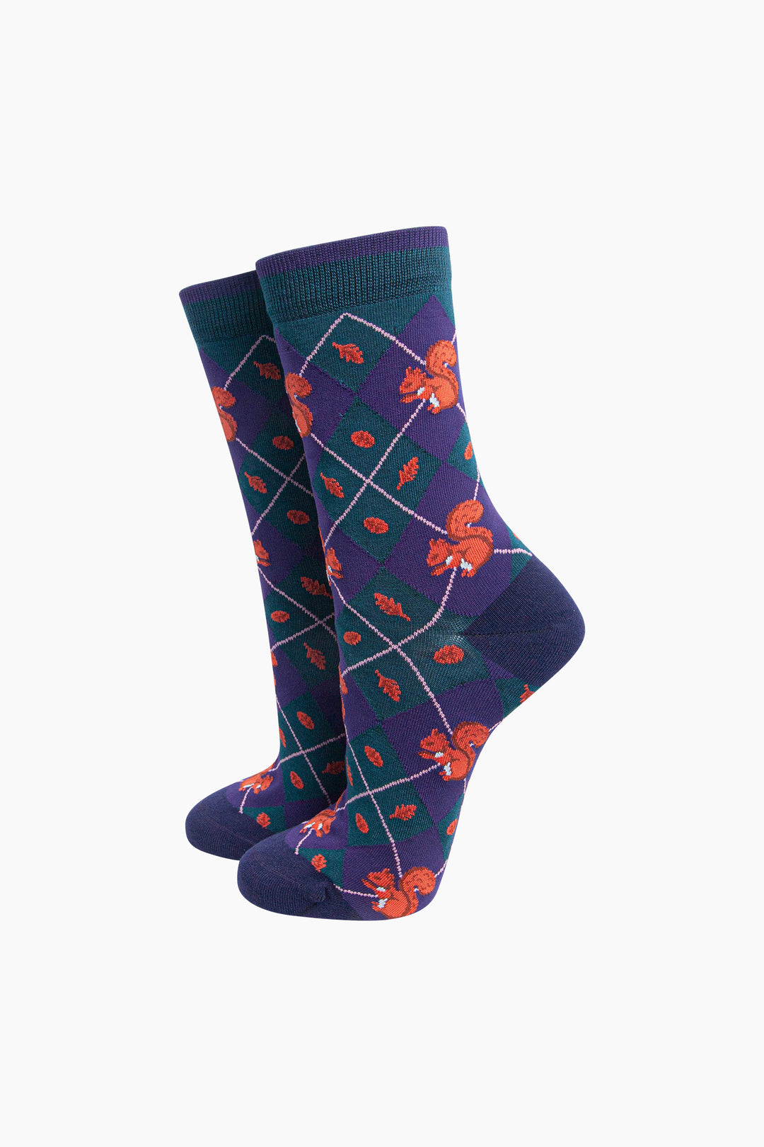 Squirrel-Women's-Bamboo-Socks-in-Forest-Green-On-Mannequin