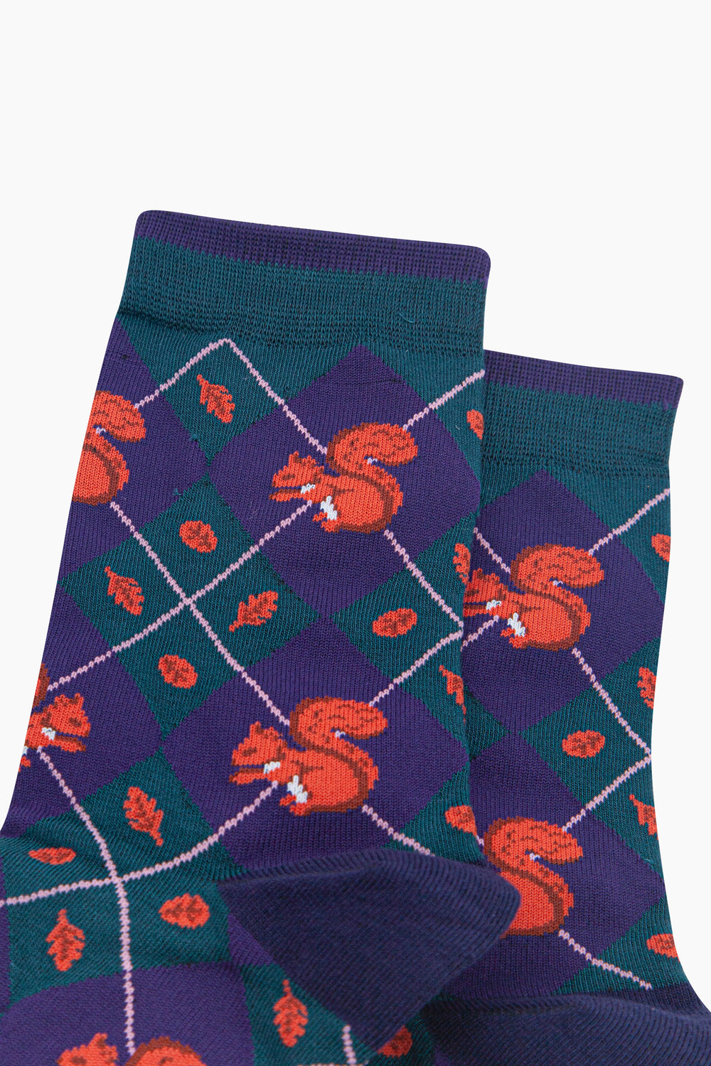 Squirrel-Women's-Bamboo-Socks-in-Forest-Green-Close-Up