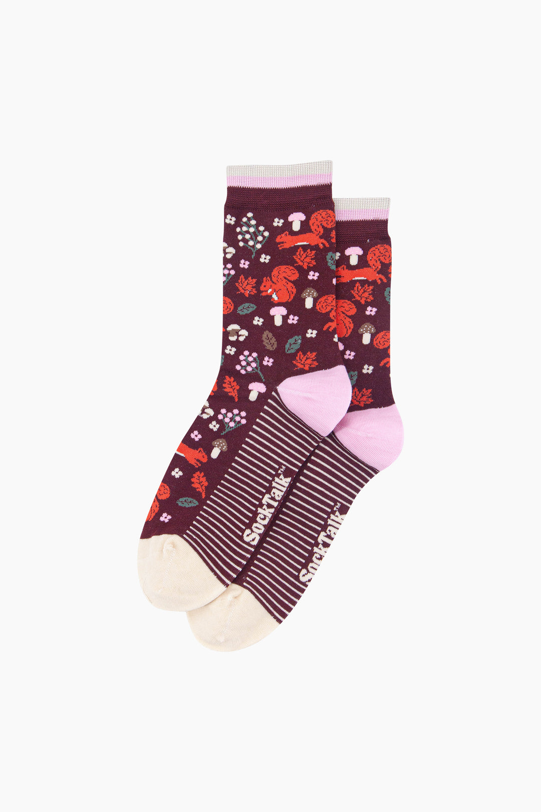 Squirrel-Women's-Bamboo-Socks-in-Burgundy-Laid-Flat