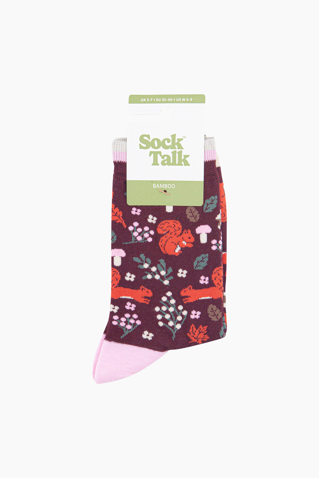 Squirrel-Women's-Bamboo-Socks-in-Burgundy-In-Packaging