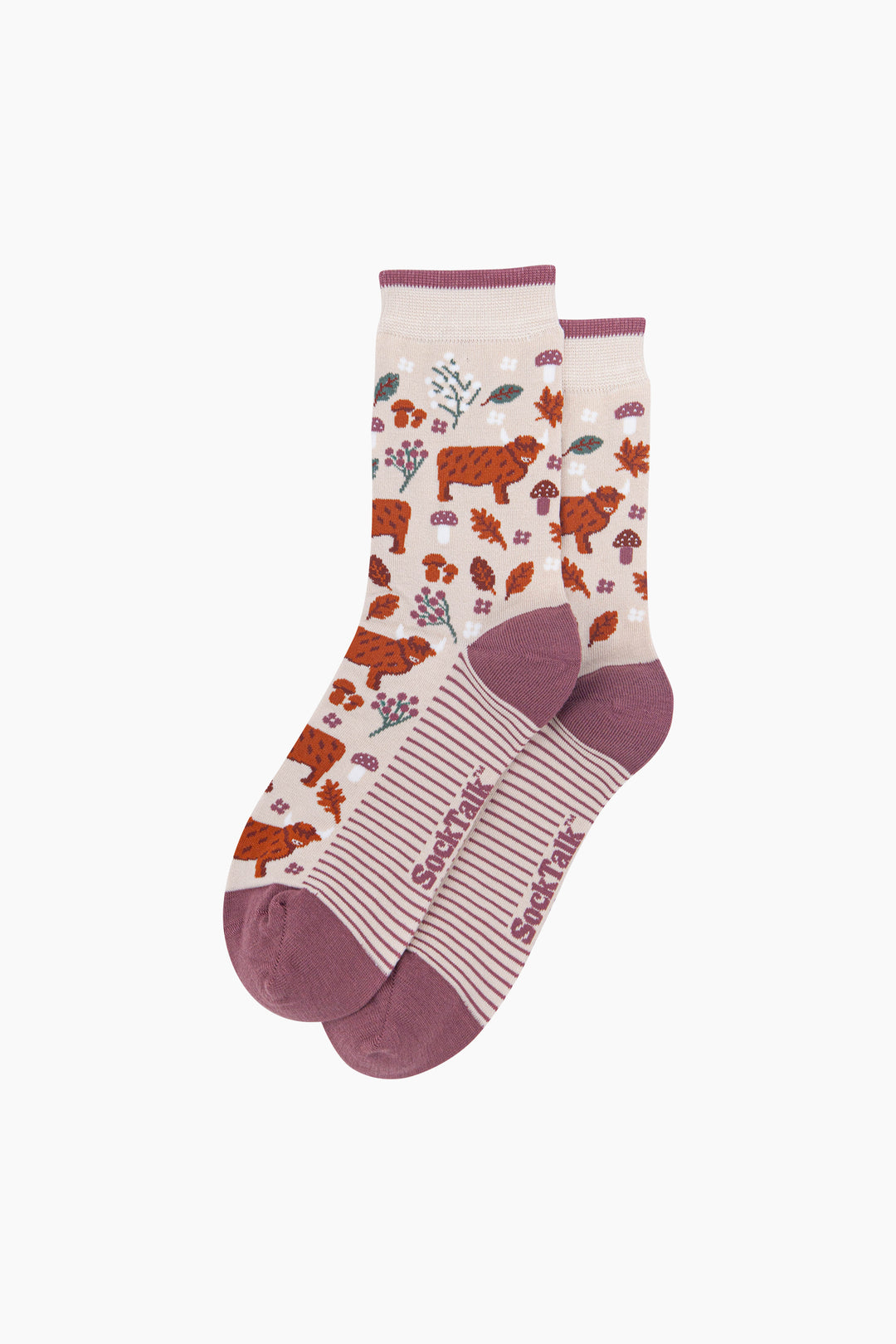 Highland-Cow-Floral-Women's-Bamboo-Socks-in-Cream-Laid-Flat